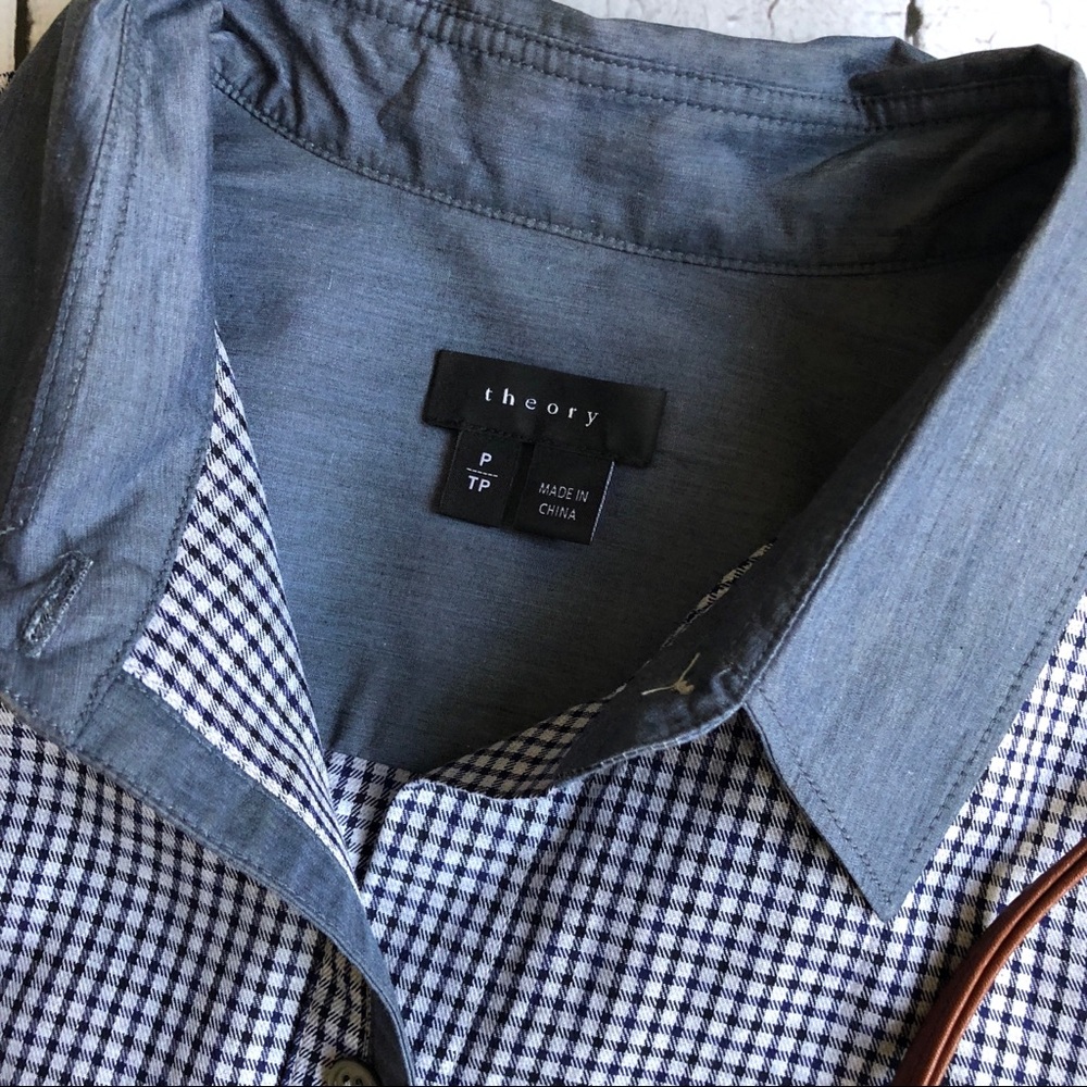 Theory Blue Gingham Button Down Colorblock - image 3
